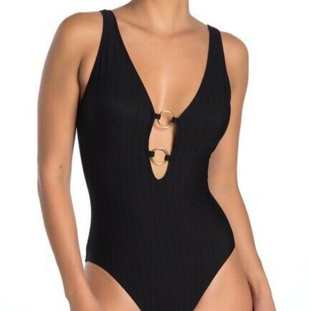 Tahari Deep Plunge Metal Ring One-Piece Swimsuit